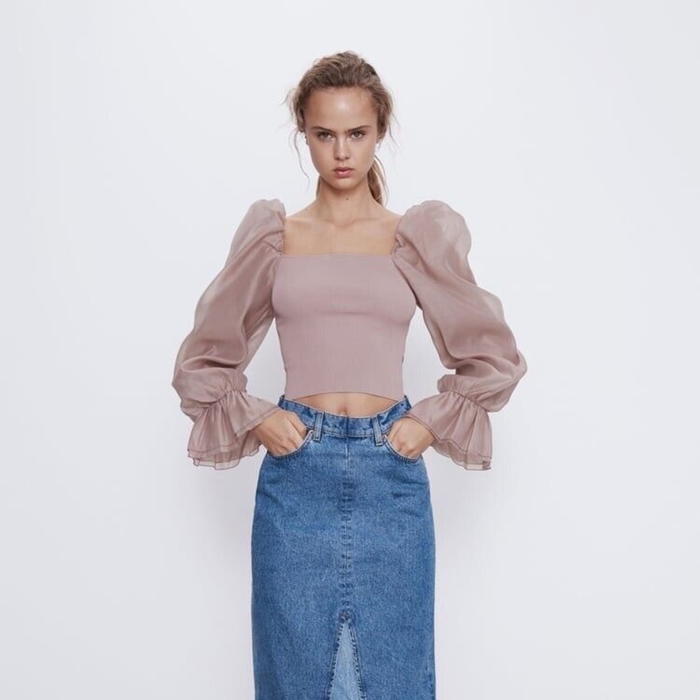 Zara Contrasting Organza Top - Pale Pink